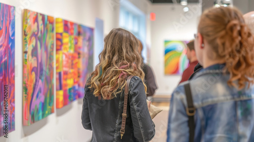 An art gallery opening featuring LGBTQ+ artists, colorful artworks on display, attendees mingling, creative and expressive, photography, captured with a soft-focus background to highlight the artwork, photo