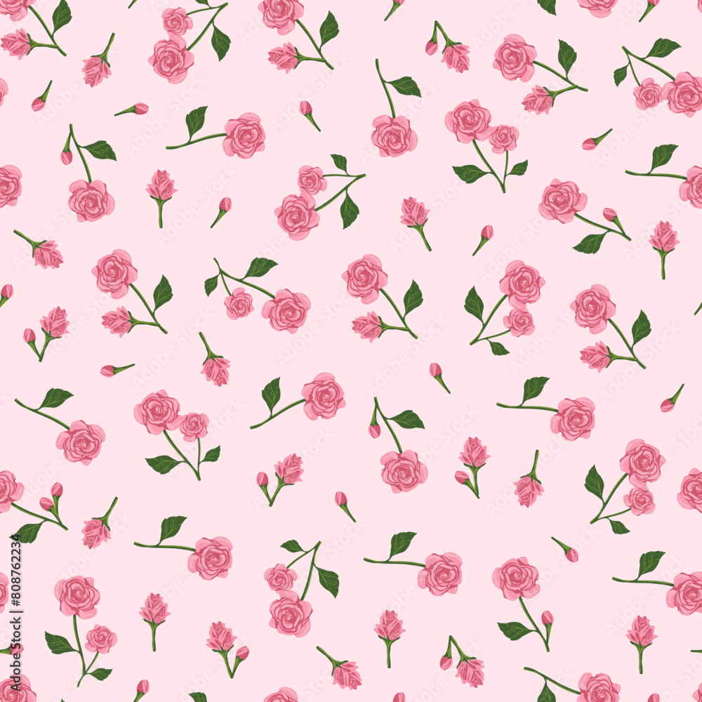 Φωτογραφία Pink coquette roses - seamless vector pattern