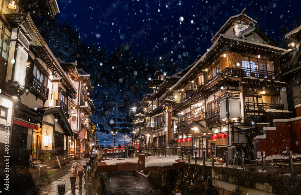 snowy winter evening in Ginzan Onsen, which is a famous hot spring town in Obanazawa, Yamagata, Japan snowy winter evening in Ginzan Onsen, which is a famous hot spring town in Obanazawa, Yamagata, Japan