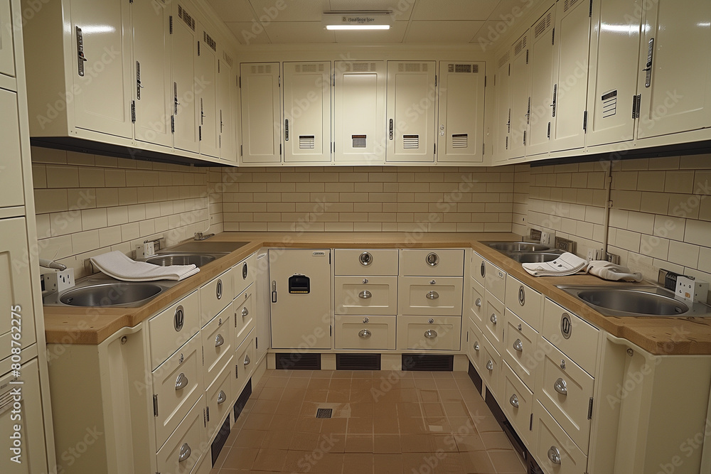 Fototapeta premium White cabinets and a nut-colored working surface fill the kitchen