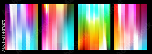 Defocused bright colored abstract backgrounds with vertical dynamic lines. Futuristic blurred vibrant color gradients for creative graphic design. Vector illustration.