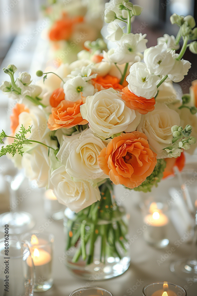 Vase containing numerous white and orange flowers Vase containing numerous white and orange flowers