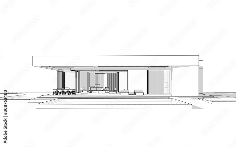 3d rendering of new concrete house in modern style with pool and parking for sale or rent and beautiful landscaping on background. Black line sketch with soft light shadows on white background. 3d rendering of new concrete house in modern style with pool and parking for sale or rent and beautiful landscaping on background. Black line sketch with soft light shadows on white background.