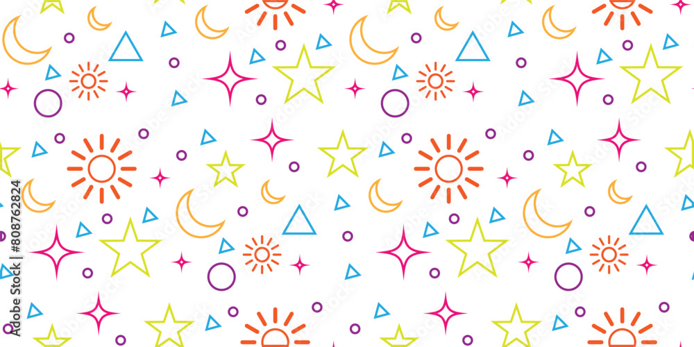 colorful baby pattern, with stars moon and sun. repeating pattern for kids on white background. sky element line art vector illustration. colorful baby pattern, with stars moon and sun. repeating pattern for kids on white background. sky element line art vector illustration.