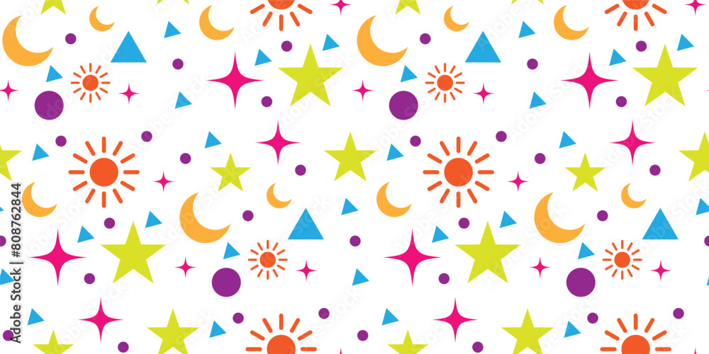 colorful baby pattern, with stars moon and sun. repeating pattern for kids on white background. sky element vector art illustration. colorful baby pattern, with stars moon and sun. repeating pattern for kids on white background. sky element vector art illustration.