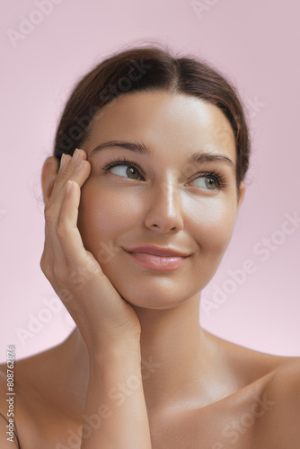 Beauty Woman Photo Touching Her Face with Smooth and Healthy Skin