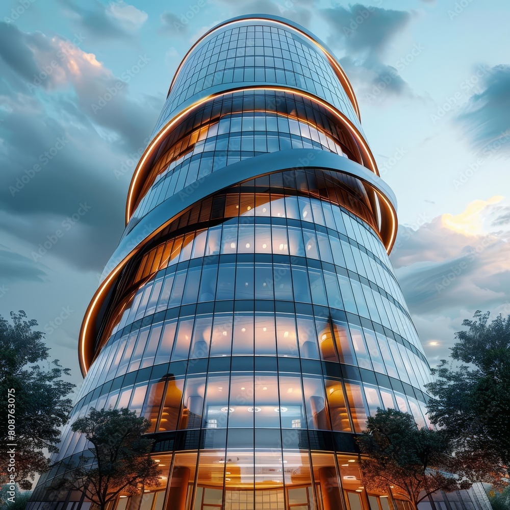Low angle view of futuristic architecture, Skyscraper of office building with curve glass window, 3D rendering