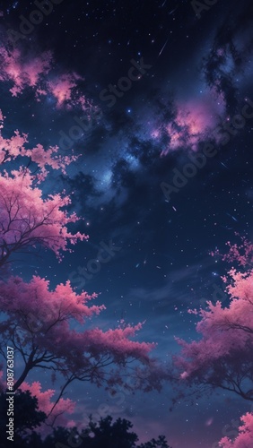 Background image of a sky overlaid with cyberspace glitches and full of stars full of floating blossoms