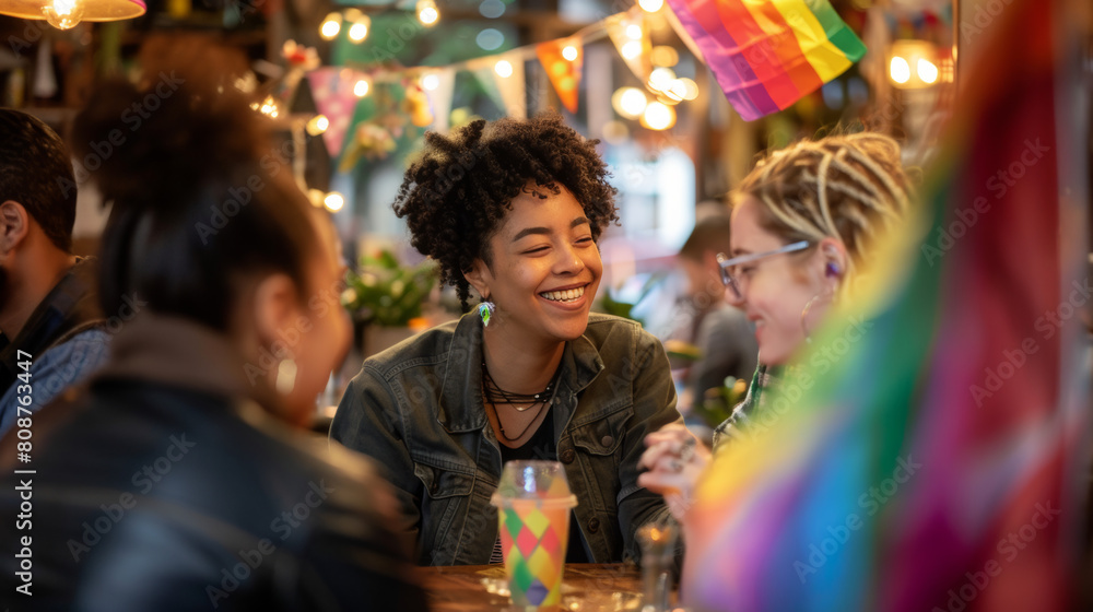 An intimate gathering of LGBTQ+ people with diverse racial and ethnic backgrounds in a cozy coffee shop, the shop decorated with pride flags and soft lights, a warm and welcoming space promoting conve