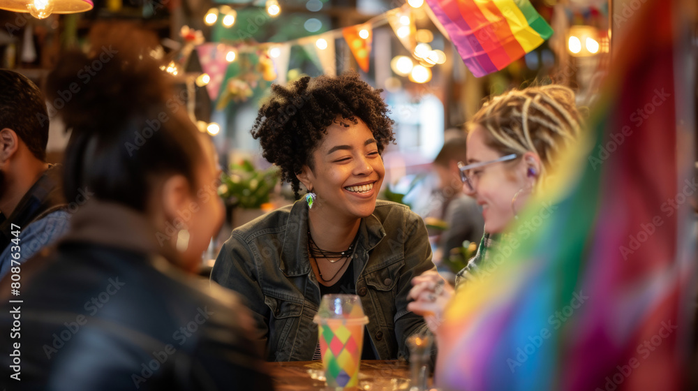 An intimate gathering of LGBTQ+ people with diverse racial and ethnic backgrounds in a cozy coffee shop, the shop decorated with pride flags and soft lights, a warm and welcoming space promoting conve An intimate gathering of LGBTQ+ people with diverse racial and ethnic backgrounds in a cozy coffee shop, the shop decorated with pride flags and soft lights, a warm and welcoming space promoting conve