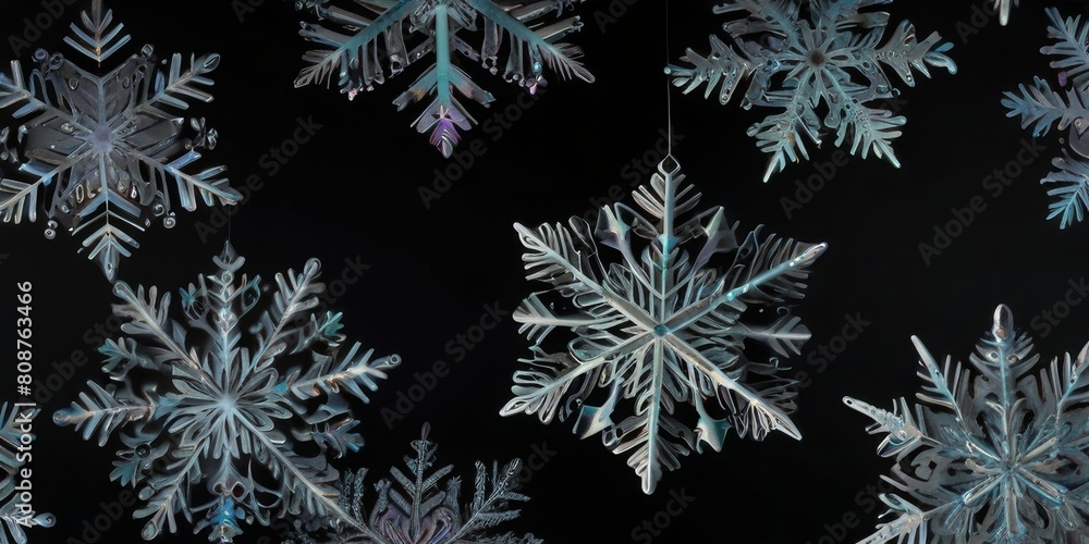 snowflakes hanging on strings, their sparkling crystalline shapes snowflakes hanging on strings, their sparkling crystalline shapes