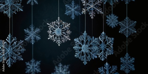 snowflakes hanging on strings  their sparkling crystalline shapes