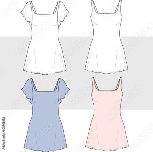 Foto woman and girl Vector short sleeve cute mini dress technical drawing, woman dress with frill detail fashion CAD, sketch, template, flat