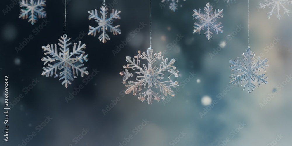 snowflakes hanging on strings, their sparkling crystalline shapes snowflakes hanging on strings, their sparkling crystalline shapes