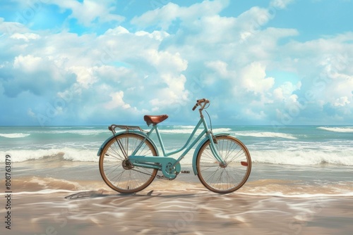 Bicycle sand beach. Nature ocean outdoor. Generate Ai
