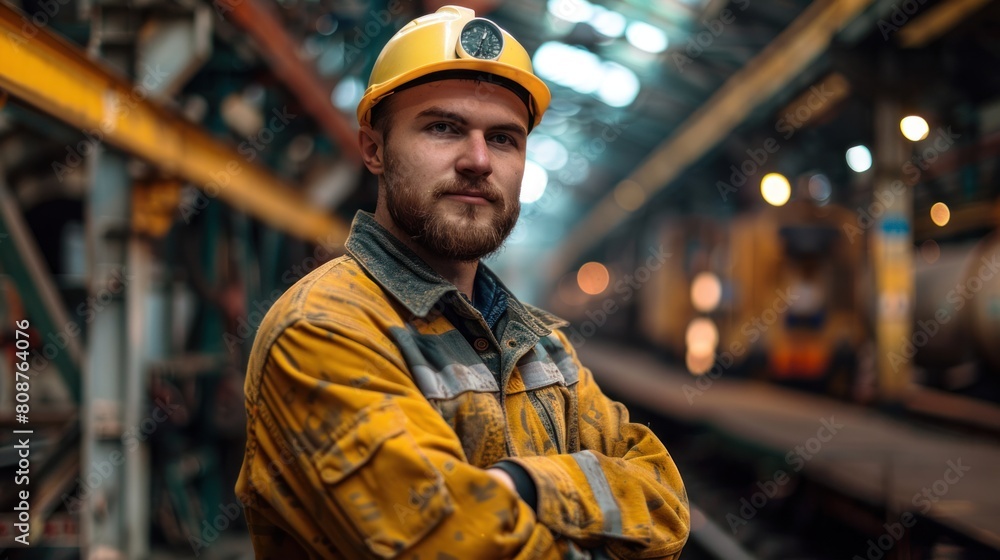 Portrait of a confident young man working in railway workshop. Male engineer in uniform standing with his arms crossed in railway maintenance workshop. Portrait of a confident young man working in railway workshop. Male engineer in uniform standing with his arms crossed in railway maintenance workshop.