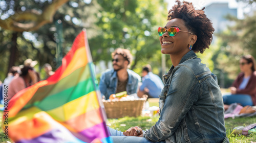 An outdoor urban park scene with people of different ages and ethnicities enjoying a sunny day, a subtle Pride flag is included in the scene, draped over someone's picnic basket in the background, emp photo