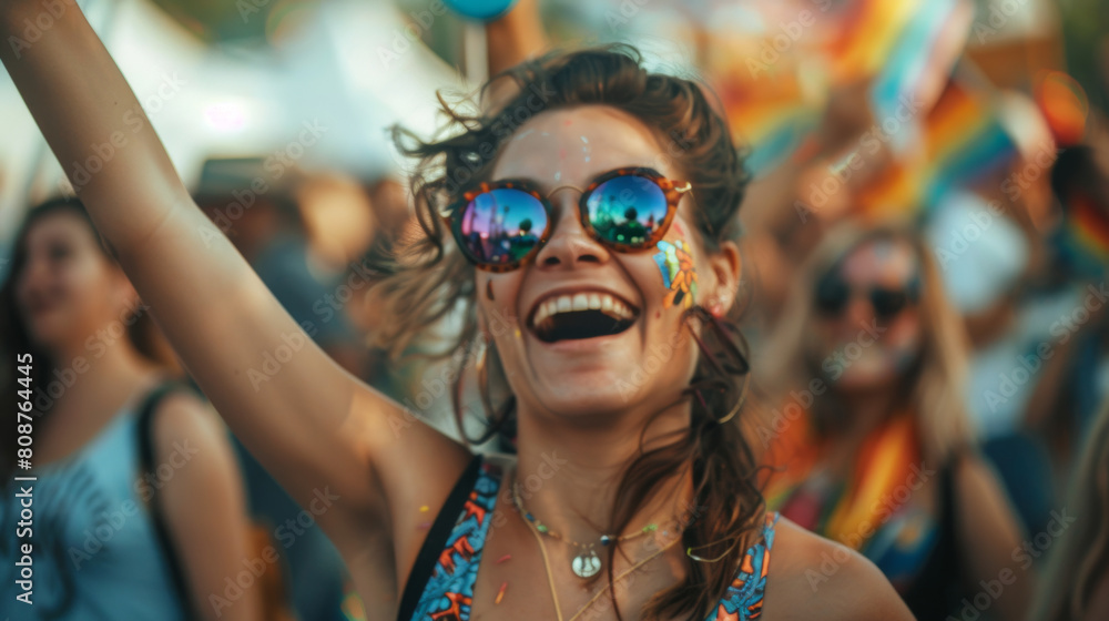 Candid shots of people dancing and enjoying themselves at Pride events, close-up shots of smiling faces and expressive moments, background blur of a crowded event, warm sunlight enhancing the joyful e Candid shots of people dancing and enjoying themselves at Pride events, close-up shots of smiling faces and expressive moments, background blur of a crowded event, warm sunlight enhancing the joyful e