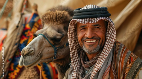 Portrait of tour guide wearing traditional clothing, standing next to reclining dromedary wearing halter and muzzle, smiling at camera with tent in background. photo
