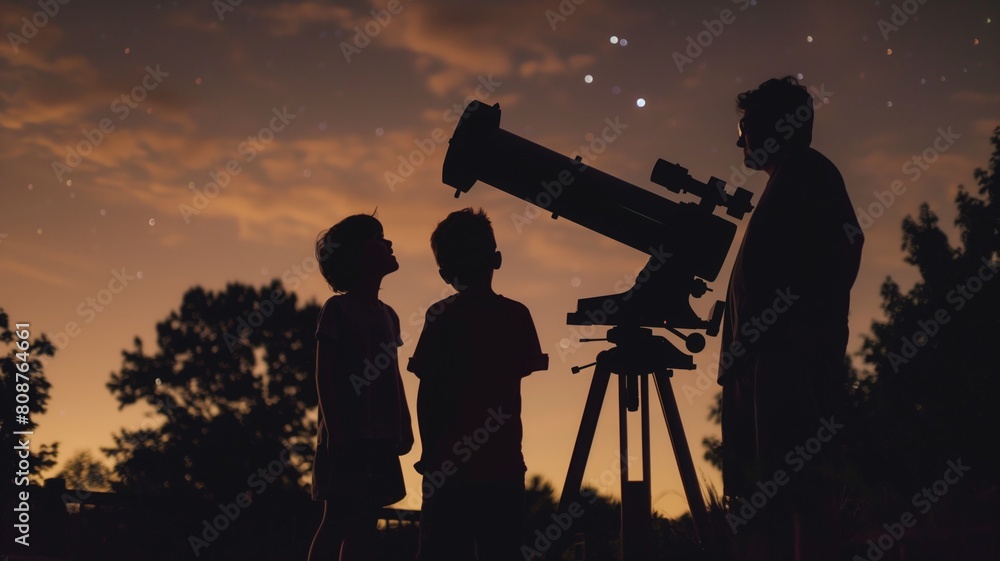 A diverse group of individuals gather around a telescope in a backyard, mesmerized by the wonders of the night sky
