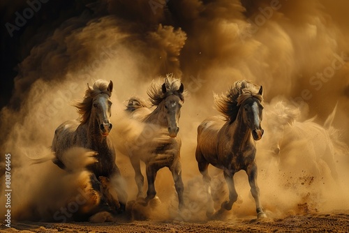 Group of Horses Galloping Through Dusty Field