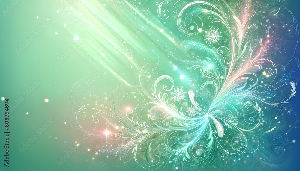 A magical background in various shades of mint green infused with swirls sparkles and light beams that create a whimsical and enchanting atmosphere. A magical background in various shades of mint green infused with swirls sparkles and light beams that create a whimsical and enchanting atmosphere.