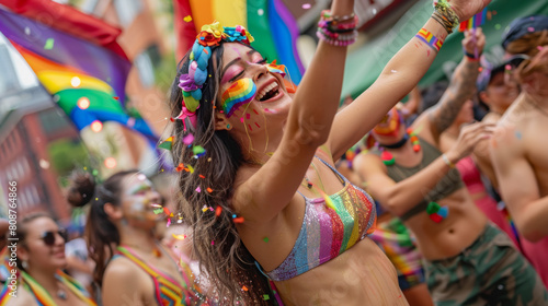 Candid shots of people dancing and enjoying themselves at Pride events, vibrant colors with people in colorful costumes and rainbow flags, city street filled with decorations and festive atmosphere, a