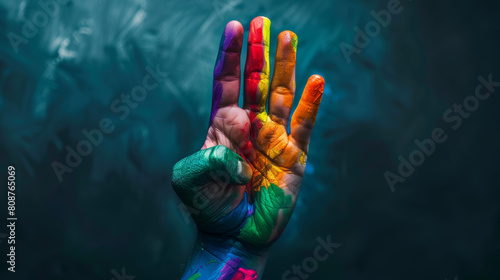 A close-up photo capturing the hand of a person, each finger painted with different pride colors against a dark, moody backdrop that emphasizes the brightness and variety of the colors, evoking a feel photo