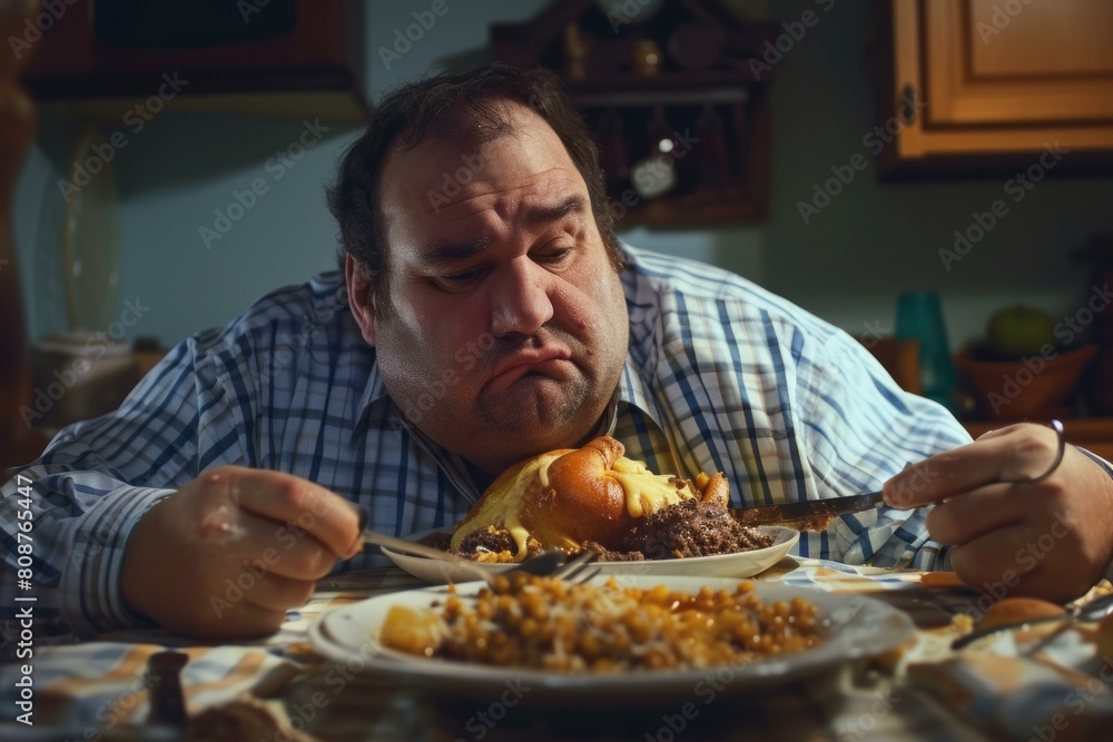 Big fat man eating dinner. Obese guy enjoys delicious meal. Generate AI