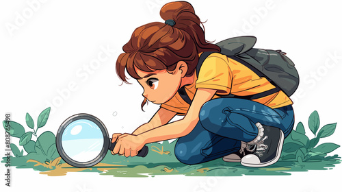 vector drawing of a girl with a magnifying glass on a white background. Generative AI