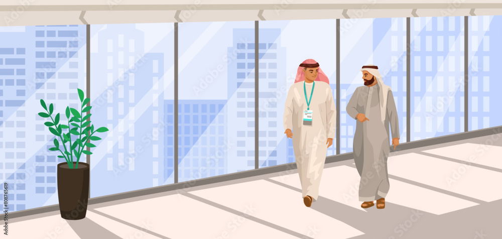 Two men in traditional Arab attire walking in an office setting, vector illustration, light cityscape background, concept of business. Vector illustration Two men in traditional Arab attire walking in an office setting, vector illustration, light cityscape background, concept of business. Vector illustration