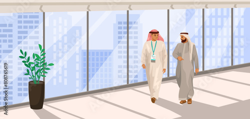 Two men in traditional Arab attire walking in an office setting, vector illustration, light cityscape background, concept of business. Vector illustration