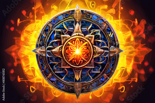 A blue talisman on an abstract background.