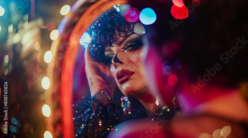 Dynamic shots of drag performers in action, a performer’s reflection in a backstage mirror as they prepare, surrounded by makeup and costumes, a reflective and personal moment, soft lighting and war