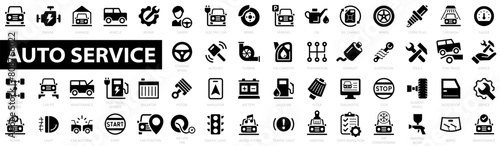 Auto service icon set. Car garage icons set. Auto service, tools, screwdriver, wrench, hammer, gear, car, repair, engine and more. Vector illustration