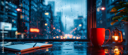 Rainy Night in the City, View through a Wet Window with Street Lights Reflecting on the Road photo