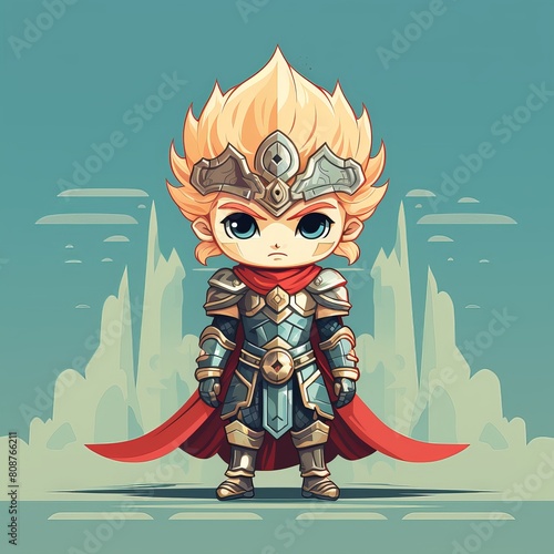 A brave knight with golden hair and blue eyes  wearing silver armor and a red cape  stands ready to protect the kingdom.