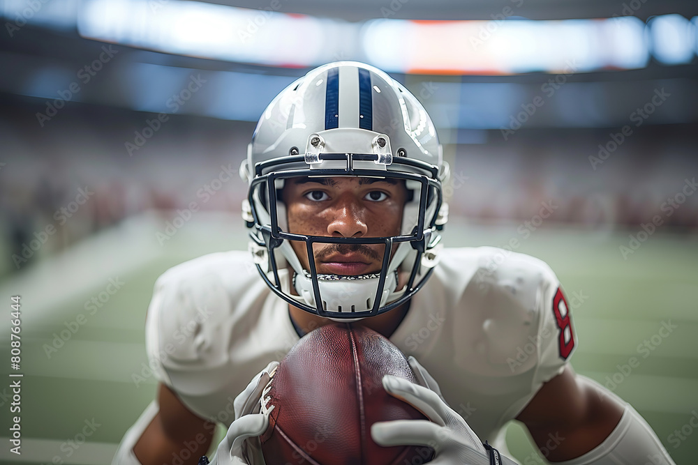 An American football player in a gray helmet and white uniform.with a ball in his hands. On the background of the football field and the stands of the arena An American football player in a gray helmet and white uniform.with a ball in his hands. On the background of the football field and the stands of the arena
