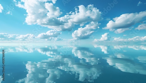 Beautiful sky with blue color and white clouds, mirror reflection on water surface