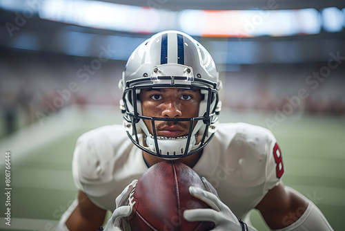 An American football player in a gray helmet and white uniform.with a ball in his hands. On the background of the football field and the stands of the arena © Semper Fidelis