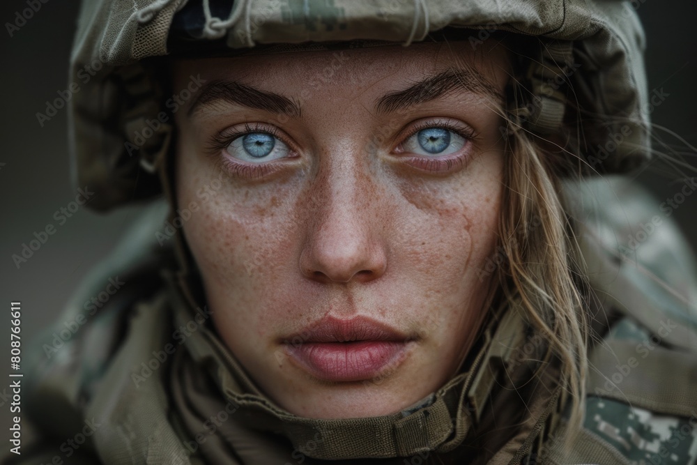 Close-up portrait of a determined and strong young female soldier with piercing blue eyes, dressed in camo combat uniform against a muted grey background Close-up portrait of a determined and strong young female soldier with piercing blue eyes, dressed in camo combat uniform against a muted grey background