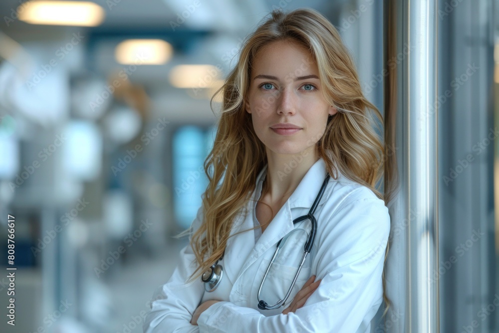 Confident young female doctor posing with stethoscope in modern clinic hallway, radiating professionalism and poise Confident young female doctor posing with stethoscope in modern clinic hallway, radiating professionalism and poise