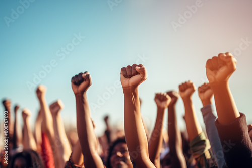 multi ethnic people raising their fists up in the air