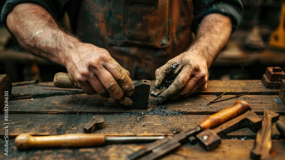 Male hands working hammering nails Male hands working hammering nails