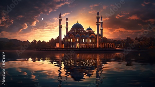 A painting of a mosque with a crescent moon  water reflection
