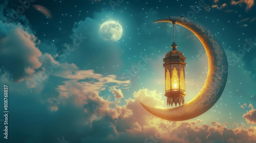 3d lantern hanging on crescent moon with clouds and stars, ramadan islamic concept background, space for text,