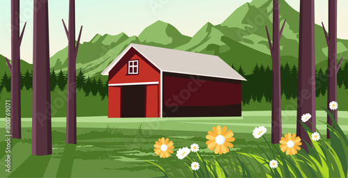 illustration of a view of a farmhouse under a tree, a plantation with beautiful flowers
