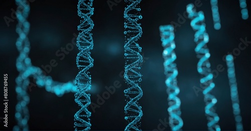 Detailed 4K cyan DNA genome poster with 50mm lens, perfect for copy photo