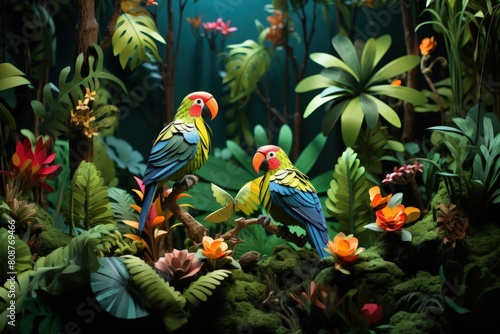 Two colorful parrots are perched on a branch in a lush green jungle