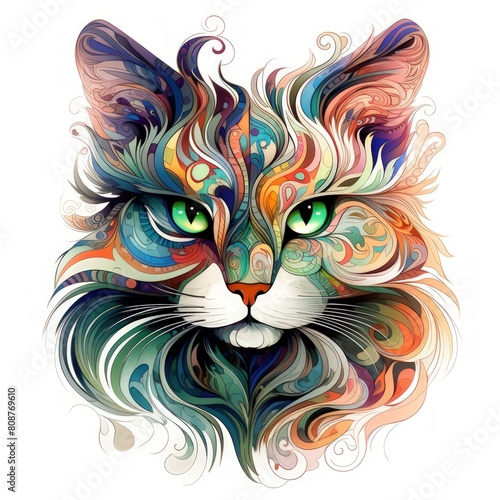 A colorful cat with green eyes is the main focus of the image